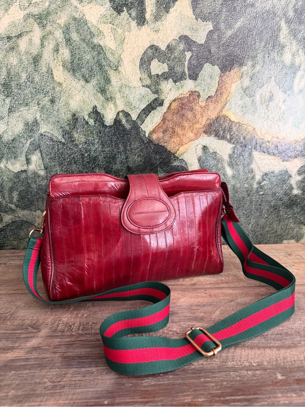 Vintage Red Eel Skin Shoulder Bag with Green and Red Webbing Strap
